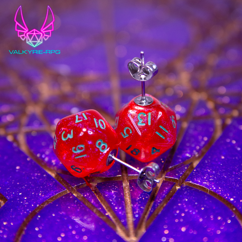 Earrings - Red Shimmer Mini Dice Studs - Valkyrie RPG