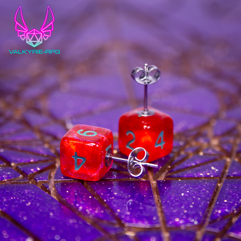 Earrings - Red Shimmer Mini Dice Studs - Valkyrie RPG