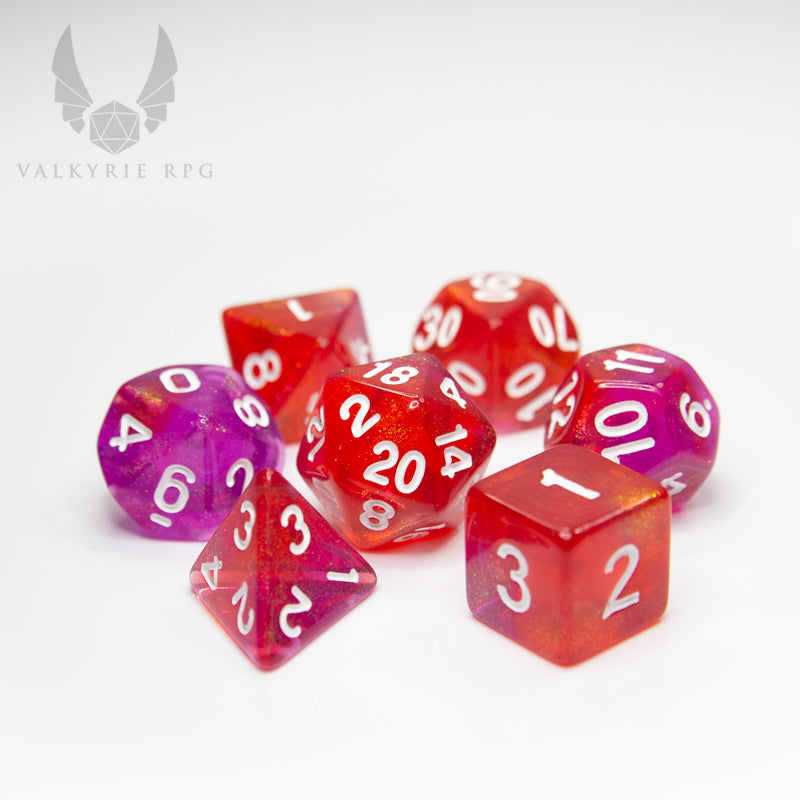 Valkyrie RPG | Online Dice Store UK | Helheim Succubus - Give in to the temptation of the vibrant pinks, and reds of the Succubus. Complemented with matching shimmer. set on white