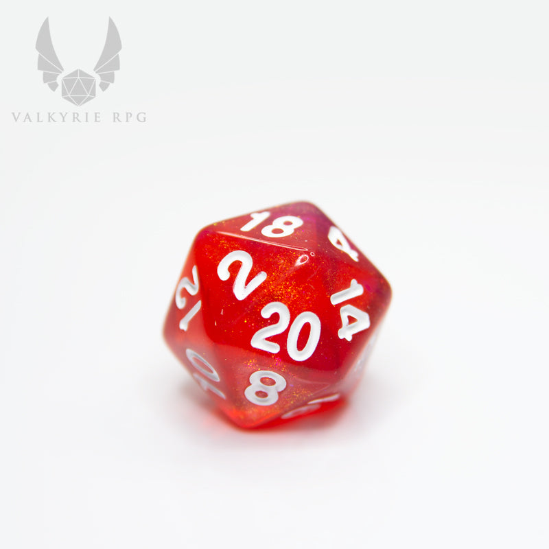 Valkyrie RPG | Online Dice Store UK | Helheim Succubus - Give in to the temptation of the vibrant pinks, and reds of the Succubus. Complemented with matching shimmer. close up of d20 on white
