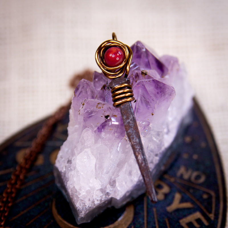 Necklace - Coffin Nail & Red Agate Rosette