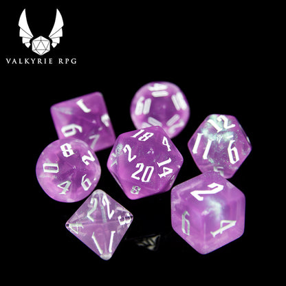 Valkyrie RPG | Online Dice Store UK | Midgard Rose Quartz - Pink hues mixed with several fine colour shifting glitters offering a borealis effect to this wonderful set, complimented by a new font design and white inking. 