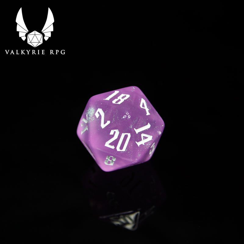 Valkyrie RPG | Online Dice Store UK | Midgard Rose Quartz - Pink hues mixed with several fine colour shifting glitters offering a borealis effect to this wonderful set, complimented by a new font design and white inking.  close up d20
