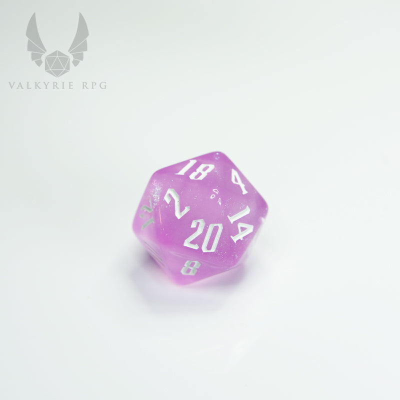 Valkyrie RPG | Online Dice Store UK | Midgard Rose Quartz - Pink hues mixed with several fine colour shifting glitters offering a borealis effect to this wonderful set, complimented by a new font design and white inking. close up d20 on white