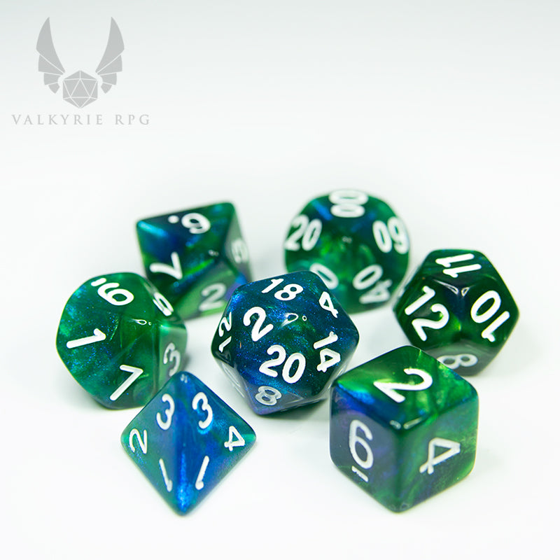 Valkyrie RPG | Online Dice Store UK - Asgard Loke - Rich green and blue pearlescent mixed with colour-shifting fine glitter finished with white inking dice set