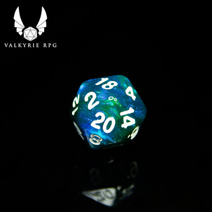 Valkyrie RPG | Online Dice Store UK - Asgard Loke - Rich green and blue pearlescent mixed with colour-shifting fine glitter finished with white inking dice set