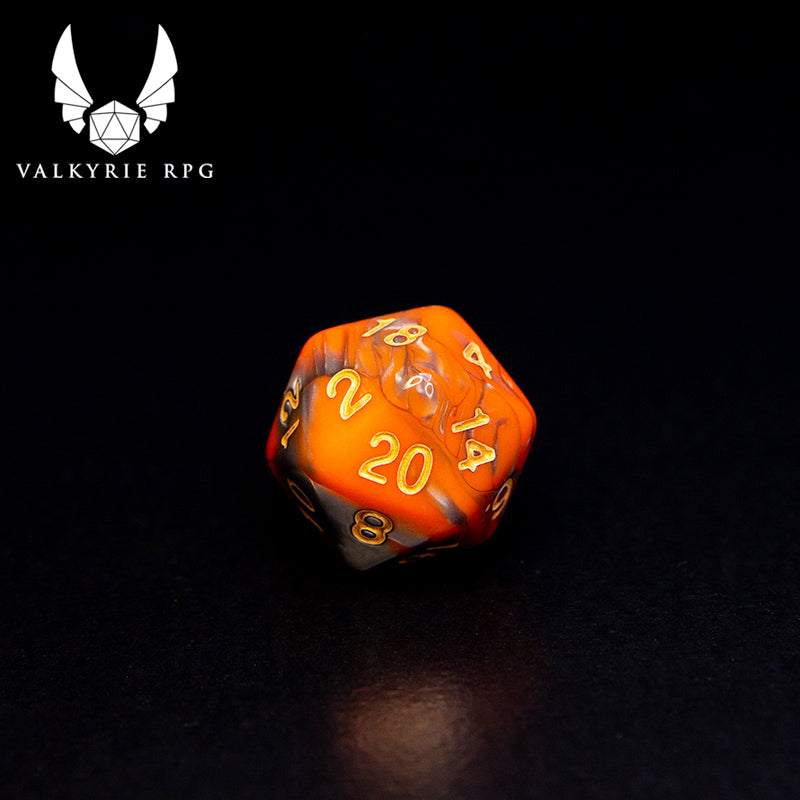 Valkyrie RPG | Online Dice Store UK | Vanaheim Creed - An eye-catching combination of toxic vibrant opaque orange and silver blended with gold inking.  close up of d20