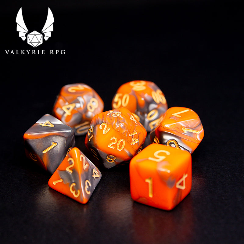 Valkyrie RPG | Online Dice Store UK | Vanaheim Creed - An eye-catching combination of toxic vibrant opaque orange and silver blended with gold inking. 