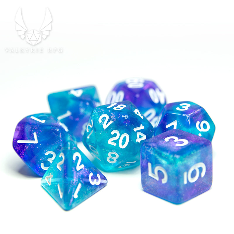 Valkyrie RPG | Online Dice Store UK | Helheim Sea Sprite - Colour shifting purple and silver toned glitters with blends of pale blue and violet along with white inked numbering. oon white background