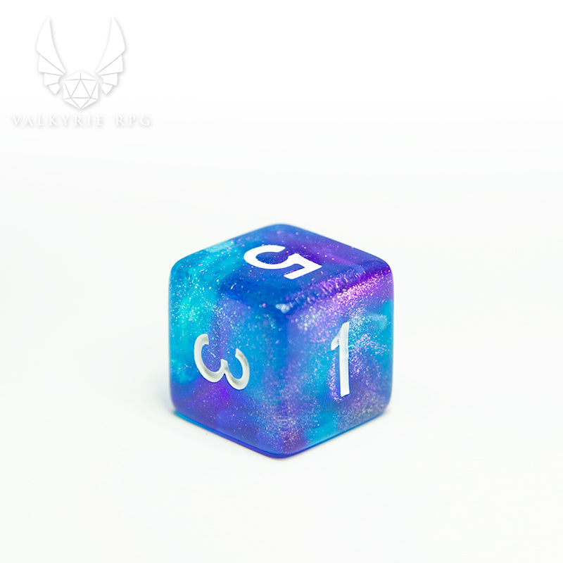 Valkyrie RPG | Online Dice Store UK | Helheim Sea Sprite - Colour shifting purple and silver toned glitters with blends of pale blue and violet along with white inked numbering. close up of d6 on white background