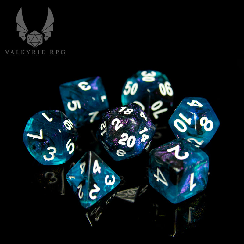 Valkyrie RPG | Online Dice Store UK | Helheim Sea Hag - Translucent teal swirled with opaque black these dice are pack with oodles of contrasting purple colour shift glitter. on black background