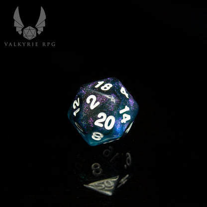 Valkyrie RPG | Online Dice Store UK | Helheim Sea Hag - Translucent teal swirled with opaque black these dice are pack with oodles of contrasting purple colour shift glitter. close up of d20 on black background