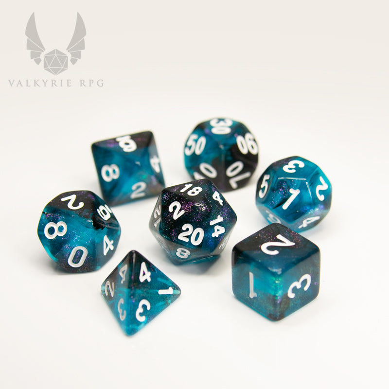 Valkyrie RPG | Online Dice Store UK | Helheim Sea Hag - Translucent teal swirled with opaque black these dice are pack with oodles of contrasting purple colour shift glitter. on white background